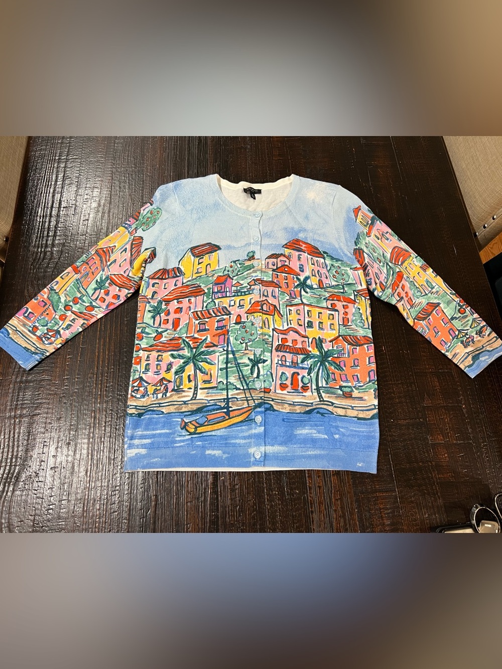 Talbots Petite MP Cardigan Sweater Coastal Village Scenic Print Cotton Rayon